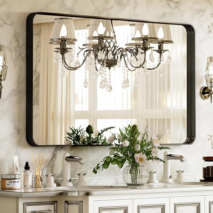 Bathroom Mirror 24x32 inch, Black Gorgeous Deep Frame Wall Mirror, Modern Round Corner Bathroom Vanity Mirror for Bedroom, Living Room, Hanging or Leaning Horizontal or Vertical, Black