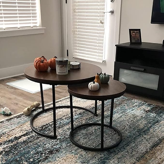 aboxoo Coffee Table Nesting Side Round Set of 2 End Table Top Sturdy Metal Frame Desk Centerpiece Living Room Bedroom Apartment Modern Industrial Simple Nightstand