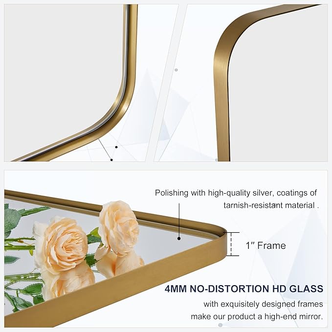 MOON MIRROR 24" x 36" Brushed Gold Metal Framed Pivot Rectangle Bathroom Mirror for Wall, Tilting Rounded Corner Rectangular Vanity Mirror Hangs Vertical Only