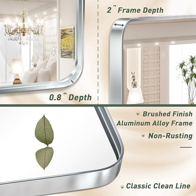 TokeShimi 48 x 30 Inch Brushed Silver Bathroom Mirror for Wall Brushed Brass Metal Rounded Corner Rectangle Mirror Metal Frame Deep Set Design Hangs Horizontal Or Vertical