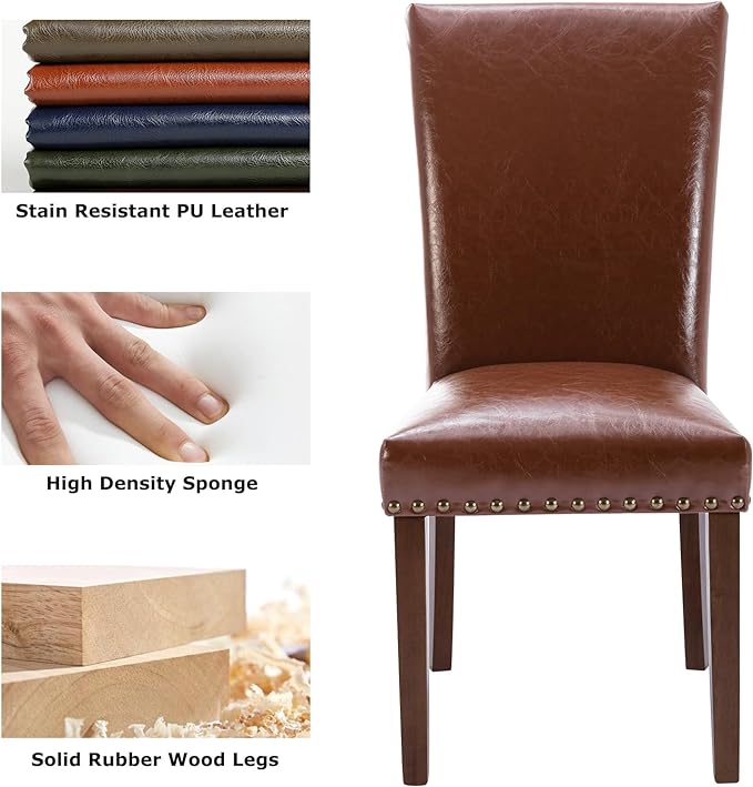 COLAMY Upholstered Parsons Dining Chairs Set of 4, PU Leather Dining Room Kitchen Side Chair with Nailhead Trim and Wood Legs - Light Brown
