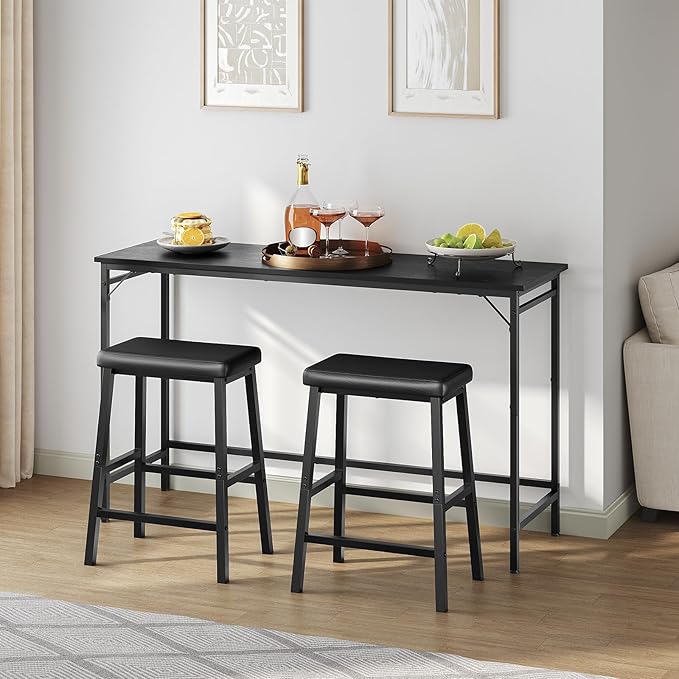 HOOBRO Bar Stools, 24" Set of 2 Bar Chairs, PU Leather Upholstered Breakfast Stools, Easy Assembly, Suitable for Kitchen, Bar, Dining Room, Black BB01MD01