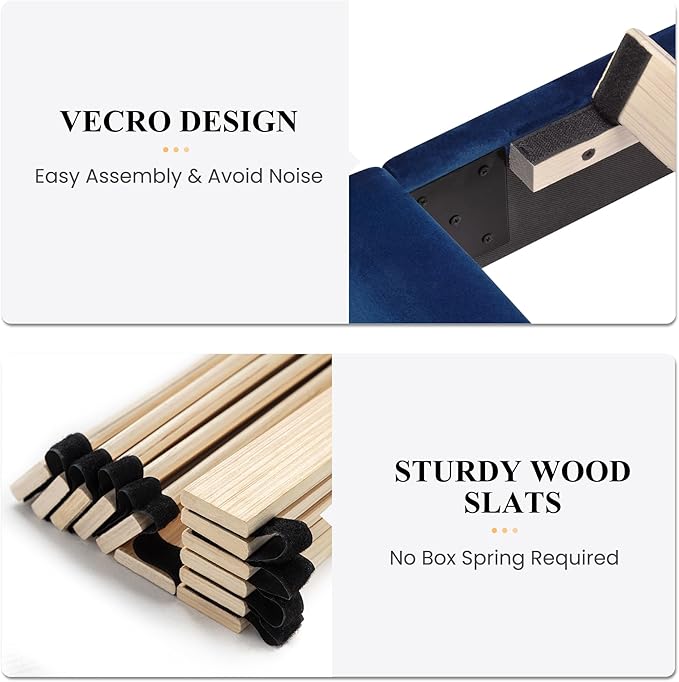 SHA CERLIN King Bed Frame/Velvet Upholstered Platform Bed Frame with Headboard/Strong Wood Slats Support/Mattress Foundation/No Box Spring Needed - Dark Blue