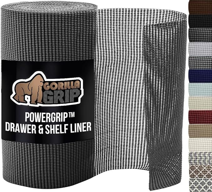 GORILLA GRIP powerGRIP Drawer Shelf and Cabinet Liner, Thick Strong Hold, Non-Adhesive Liners Protect Kitchen Cabinets and Cupboard, Bathroom Drawers, Easy Install, Breathable Mat, 20" x20', Charcoal