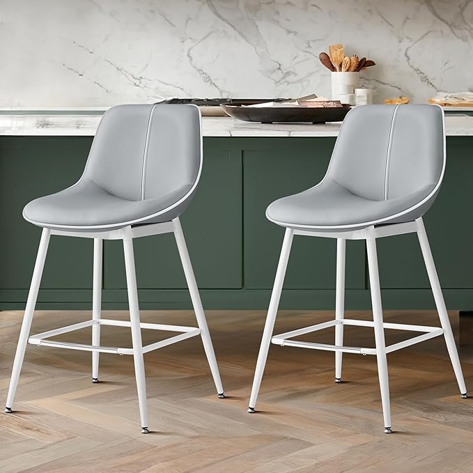 VASAGLE Bar Stools Set of 2, Counter Height Bar Stools with Back, Ergonomic Backrest, Synthetic Leather, Metal Legs, 24.4-Inch Tall Barstools for Kitchen Island Home Bar, Easy Assembly, Dove Gray