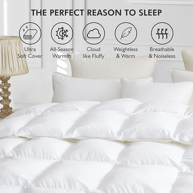 Luxurious White Solid Medium Weight, California King Size Goose Feathers Down Comforter for All-Season Weather Duvet Insert, Premium Baffle Box, 100% Egyptian Cotton Cover, 70 oz. Fill Weight