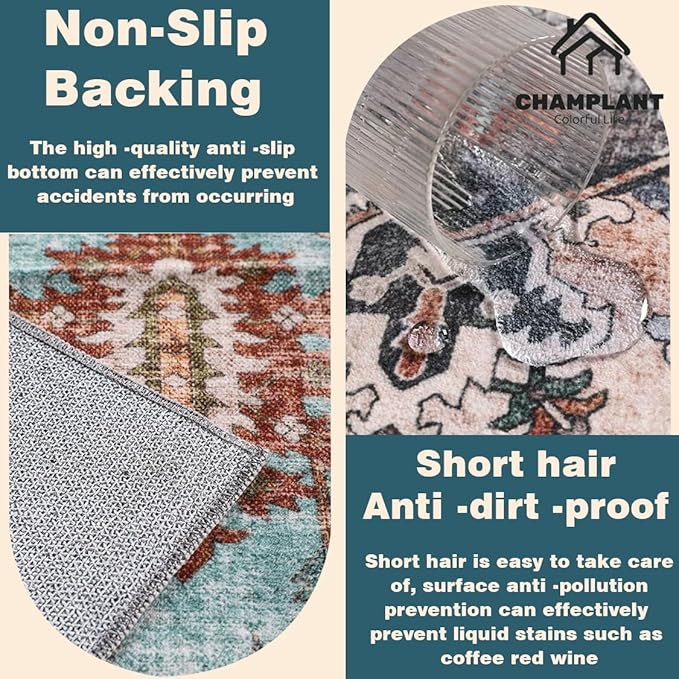 Washable Area Rug 5'x7' for Living Room Retro Beige Blue Boho Chic Medallion Distressed Design Indoor Non-Slip Large Persian Oriental Accent Throw Rug for Kitchen Bedroom Office Carpet