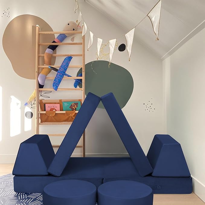 MeMoreCool Modular Kids Couch for Playroom, Navy Foam Play Couch for Toddlers, Building Fort Explorer Sofa