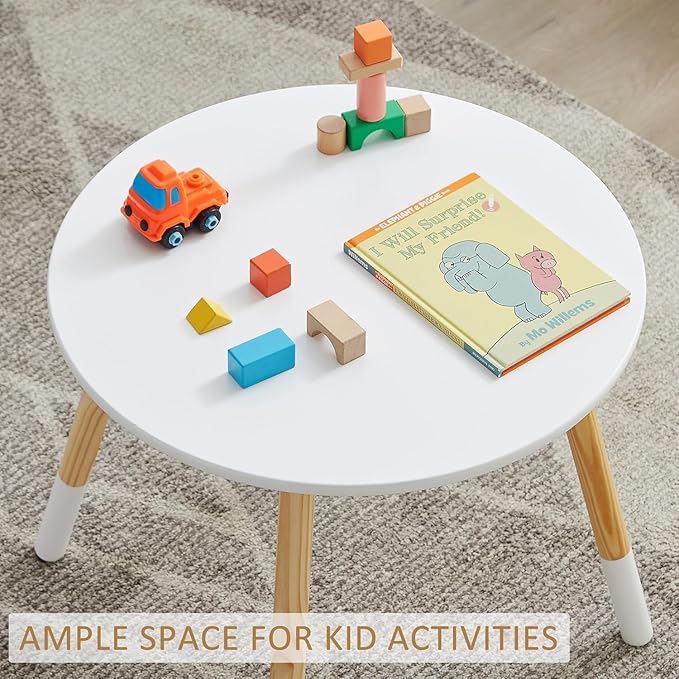VECELO Round Table and Chair Set Playroom Furniture Wooden, Modern Minimalist Design, Compact Size, Easy Assembly, White