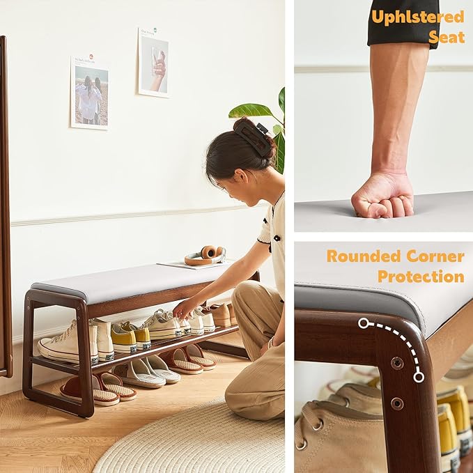 Solid Wood Shoe Bench, 2-Tier Wooden Storage Entryway Bench, Mid-Century Modern Shoe Bench Rack, End of Bed Bench with Faux Leather Cushion, Ottoman Bench for Hallway, Living Room (Cream Grey 31.5'')