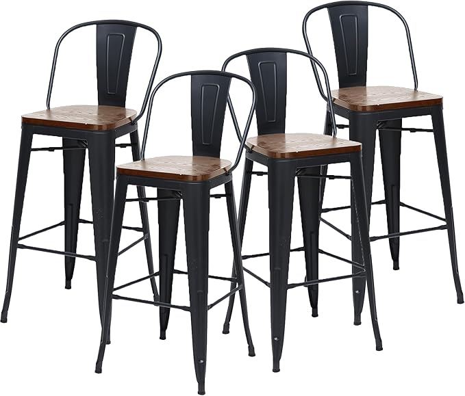 Changjie Furniture 26 Inch Metal Barstools Set of 4 Counter Height Bar Stools Industrial Stools with Backs High Back Chairs for Kitchen Island (26 Inch, Black)