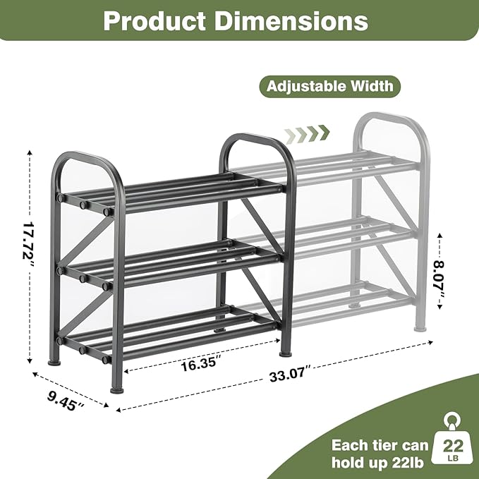 3-Tier Shoe Rack for Closet, 16"-33" Expandable ShoeRackAdjustable for Entryway Closet Doorway SturdyMetal, Black