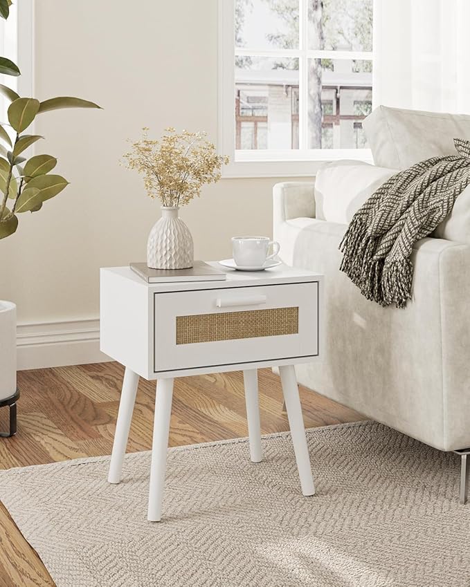 Bedroom Nightstands Wooden Night Stands with Rattan Weaving Drawer Home Bedside End Table for Bedroom Storage (Bohemian-White)