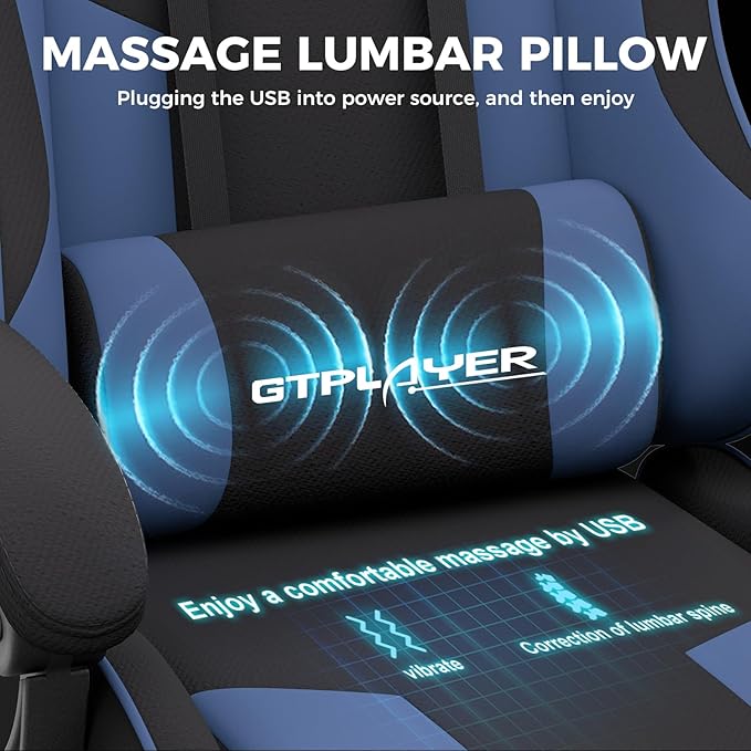 GTPLAYER Gaming Chair, Computer Chair with Footrest and Lumbar Support, Height Adjustable Game Chair with 360°-Swivel Seat and Headrest and for Office or Gaming (Blue, Fabric)