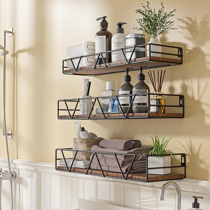 Floating Shelves Set of 3, Home Wood Wall Shelf, Farmhouse Shelf for Bedroom, Wall Mounted Floating Shelf for Living Room, Bedroom, Bathroom, Kitchen, Office (Black)