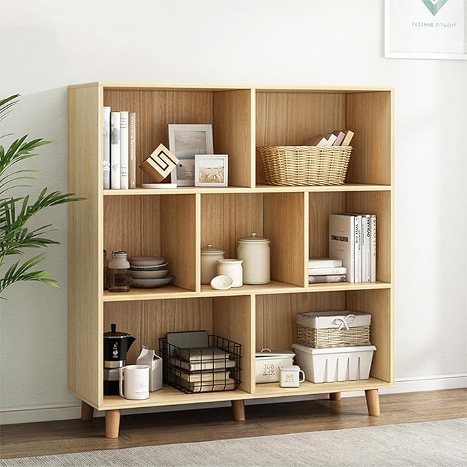IOTXY Open Cube Low Bookcase - 3-Tier Freestanding Storage Display Cabinet Organizer with Legs for Home Office, 7-Cubes Open Shelf Short Bookshelf, Oak