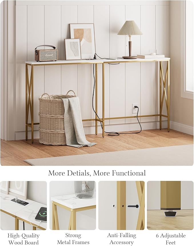 Masupu 63" Console Table with Power Outlet, Modern Narrow Long Sofa Table Behind Couch, Skinny Entry Table, Industrial Sofa Table with Metal Frame for Hallway, Living Room, Marble White