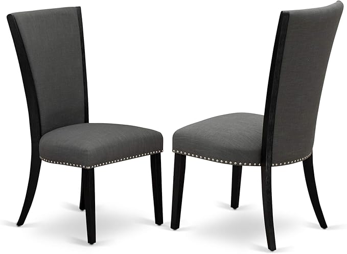 X02VE-2C6-50 - 6-pc Dining Table Set a Kitchen Table with a coffee Table and 2 wooden Benches and 2 Dark Gotham Grey Linen Fabric Chairs, 39x120 Inch, Wire Brushed Black
