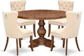 I5DA5-50N-32 5-Piece Modern Dining Table Set with Polyester Fabric 4 Light Beige kitchen chairs, Button-Tufted Backs, and a 54"Round Table in Antique Walnut Finish.