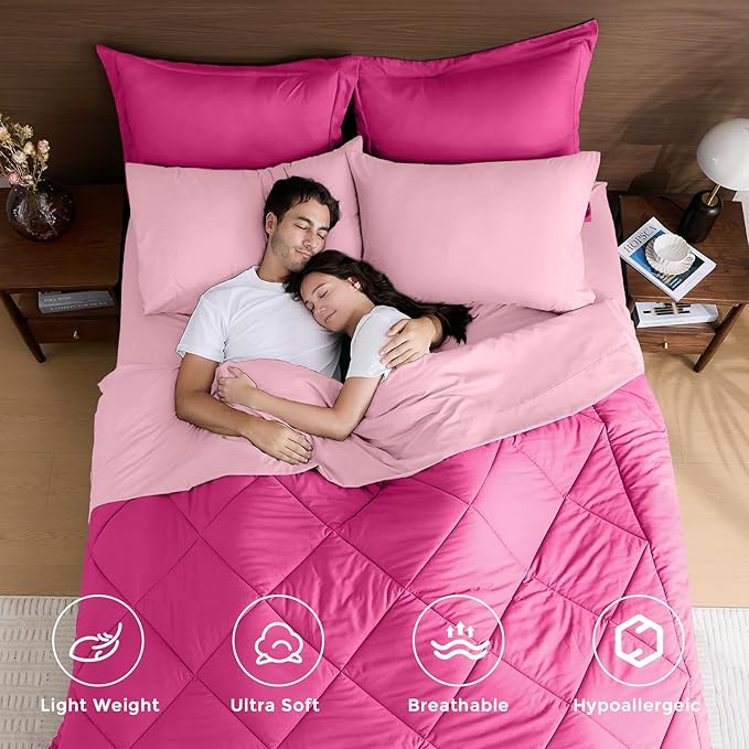 HEVUMYI Hot Pink & Baby Pink Full Comforter Set - 7-Piece All Season Bed in a Bag Full, Ultra Soft Bedding Set with Comforter, Flat Sheet, Fitted Sheet, Pillowcases, Pillow Shams