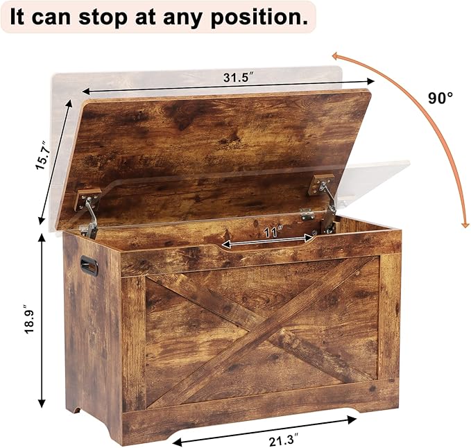 Storage Chest, Wooden Storage Bench, Entryway Shoes Bench with 2 Safety Hinges, Retro Storage Trunk for Living Room, Bedroom, 15.7 x 31.5 x 18.9 Inches, Rustic Brown