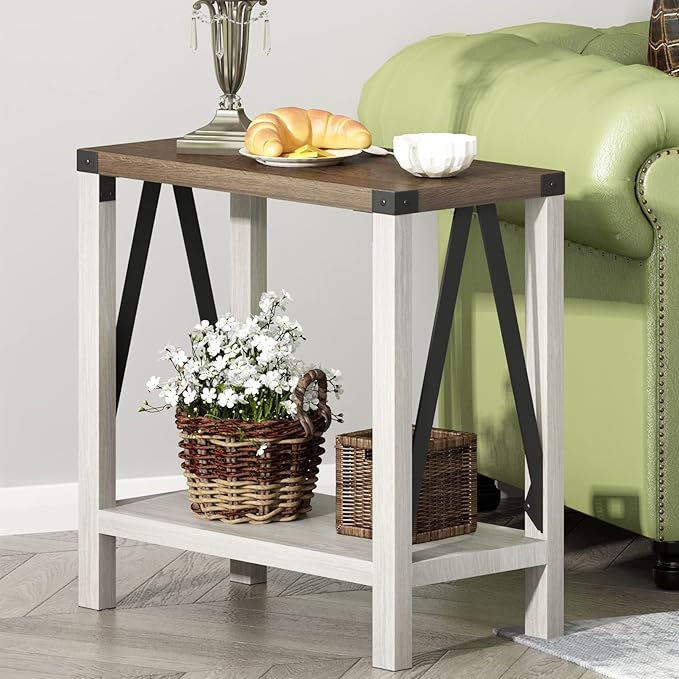 ChooChoo Farmhouse End Table Set of 2, Narrow Side End Table with Storage Shelf, Rustic A-Design Nightstand Sofa Table for Living Room, Bedroom(White&Brown)