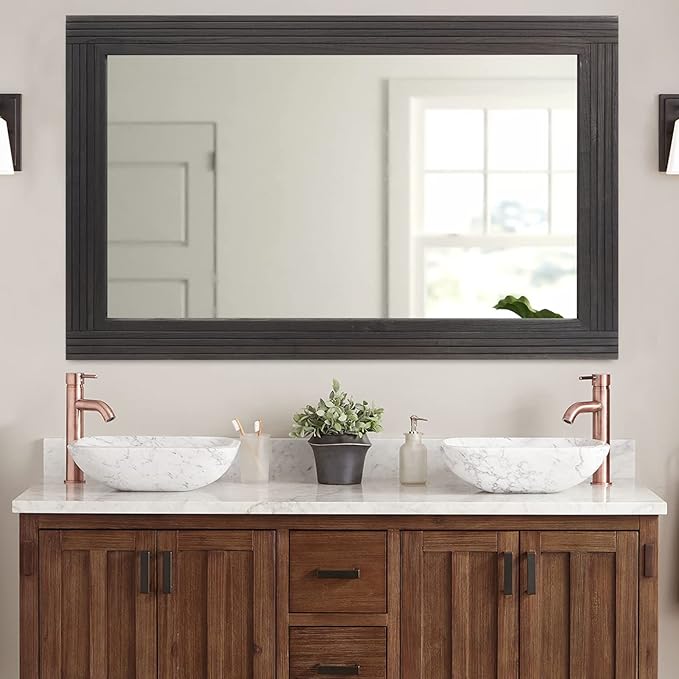 YOSHOOT Hand-Made Wooden Spliced Wall Mirror for Bathroom, Rustic Farmhouse Vanity Mirror, Décor Wall Art, Solid Wood Frame, Vertical or Horizontal Hanging, 72" x 36", Black
