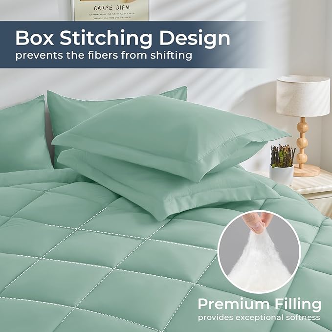 HEVUMYI Sage Green Twin Comforter Set - 5-Piece All Season Bed in a Bag Twin, Ultra Soft Bedding Set with Comforter, Flat Sheet, Fitted Sheet, Pillowcases, Pillow Shams, Sage Green