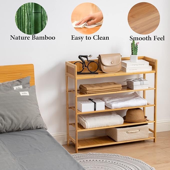 Bamboo Shoe Rack Organizer, 5 Tier Shoe shelf Storage Organizer, For Entryway, Hallway, and Closet (Nature-39.4")