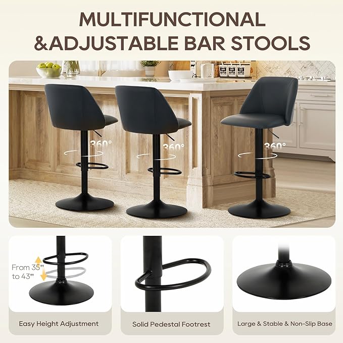 COLAMY Bar Stools Set of 2, Modern Swivel Bar Chairs, Adjustable PU Leather Upholstered Barstools Counter Height with Full Backrest for Bar, Dining Room, Kitchen Island, Black