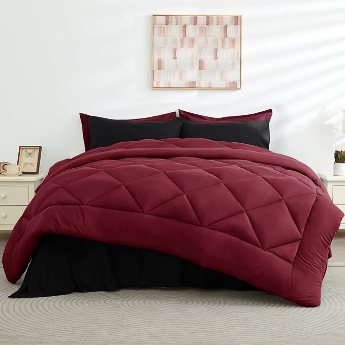 HEVUMYI Red & Black Cali-King Comforter Set - 7-Piece All Season Bed in a Bag Cali-King, Ultra Soft Burgundy Bedding Set with Comforter, Flat Sheet, Fitted Sheet, Pillowcases, Pillow Shams, Burgundy