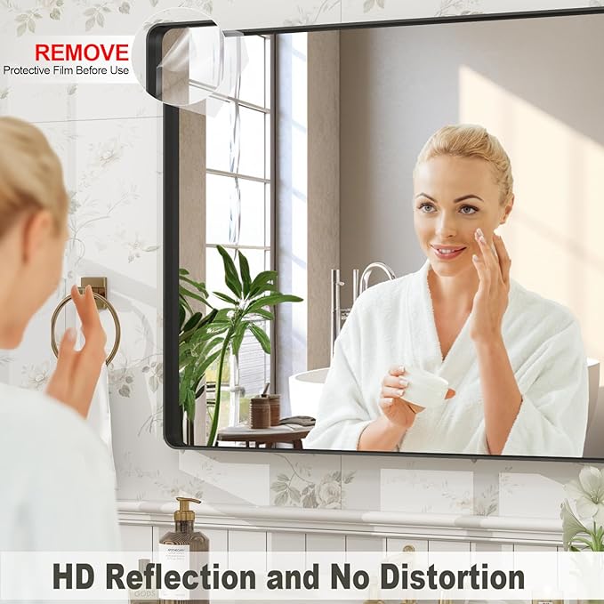36x36 Inch Square Black Framed Bathroom Mirror for Wall, Matte Framed Bathroom Vanirty Mirror, Rounded Corners Rectangle Mirror, Tempered Glass, Anti-Rust