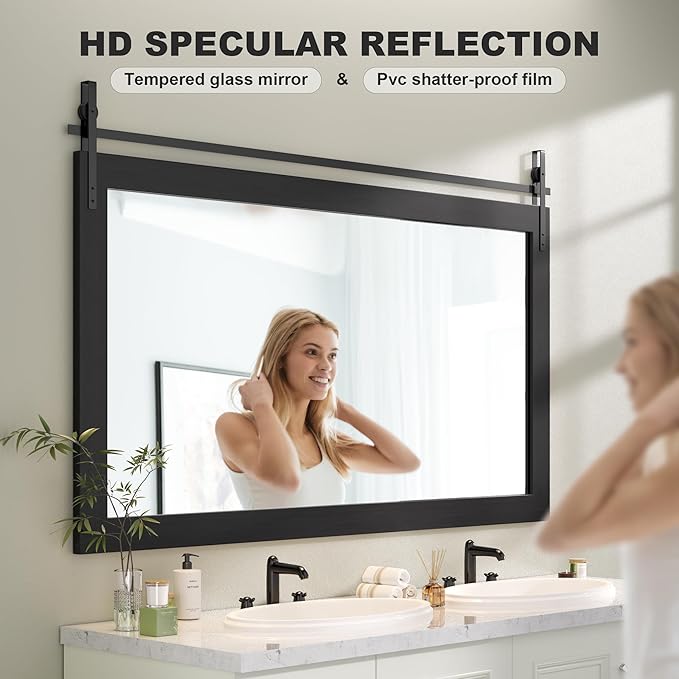 Hasipu Farmhouse Bathroom Mirror, 60"x30" Rustic Wood Framed Wall Mounted Mirror, Black Vintage Vanity Mirror Barn Door Style Decrative Mirrors