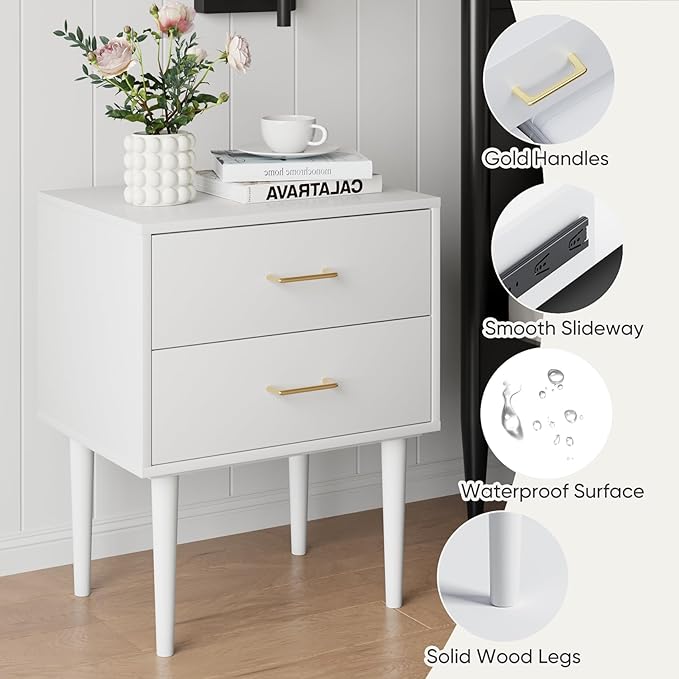 White Nightstand with 2 Drawers, 26" Tall Modern Bedside Table, Mid-Century Modern End Table, Wood Night Stand with Solid Wood Leg for Bedroom, Office