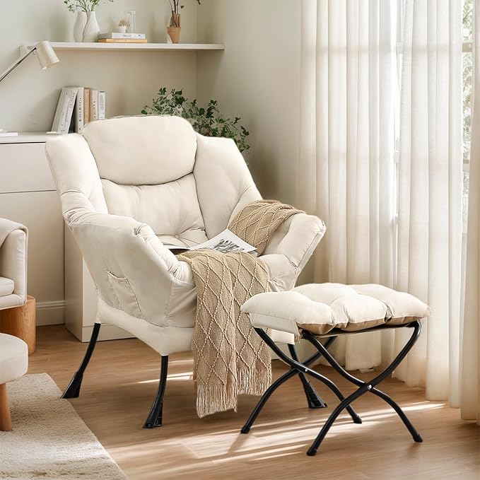 Lazy Chair with Ottoman, Large Modern Lounge Accent Chair with Armrests and Footrest, Reading Armchair with Ottoman, Leisure Sofa Chair for Living Room, Bedroom, Dorm Room, Office（Beige）