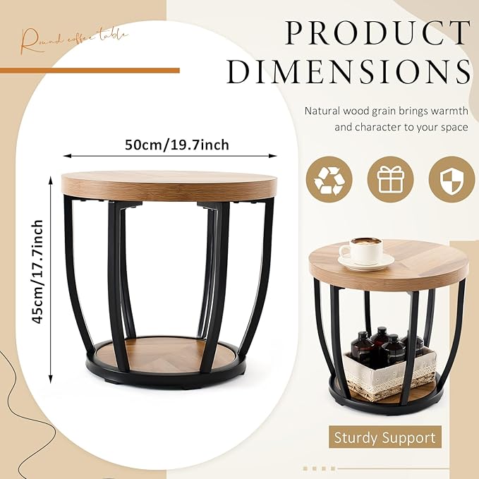 Round Coffee Table, 2-Tier Circle Wood Coffee Table with Storage Shelves, Modern Industrial Wooden Accent Center Sofa Side for Living Room, Home Office(19.7'' Dia X 17.7" H)