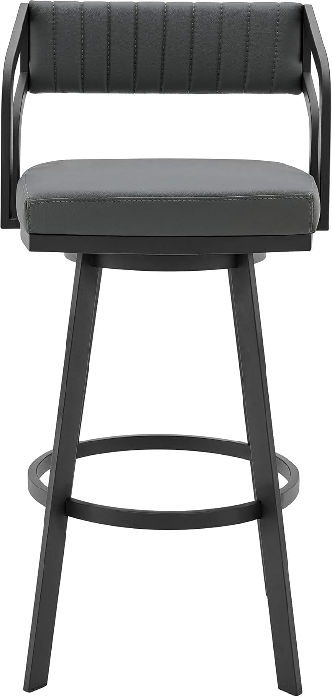 Armen Living Scranton Modern 26" Seat Height Gray Faux Leather and Black Steel Metal Swivel Bar Stool for Kitchen Island Counter