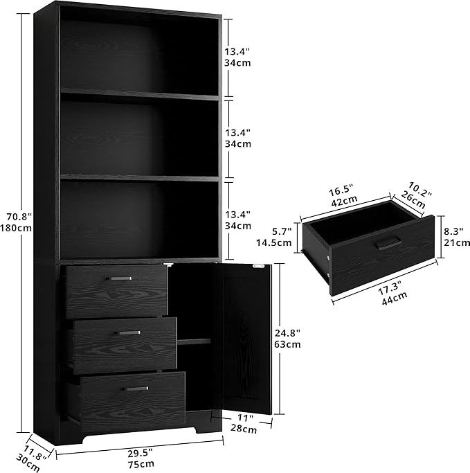 IRONCK Bookshelf with Door and 3 Drawers, 71in Tall Bookcase Shelf with 3-Tier Shelves, for Bedroom Living Room Entrance Hallway Home Office