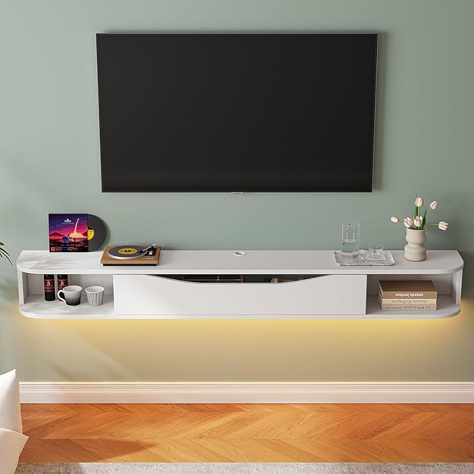 Floating TV Stand,94'' Wall Mounted TV Cabinet,Floating TV Console,Under TV Shelf with 1 Door and 2 Cabinets for TVs up to 90''(White)