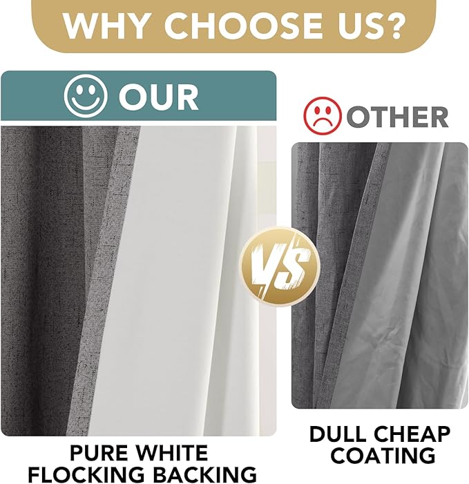H.VERSAILTEX Linen Blackout Curtains 108 Inches Long 100% Absolutely Blackout Thermal Insulated Textured Linen Look Curtain Draperies Anti-Rust Grommet, Energy Saving with White Liner, 2 Panels, Grey