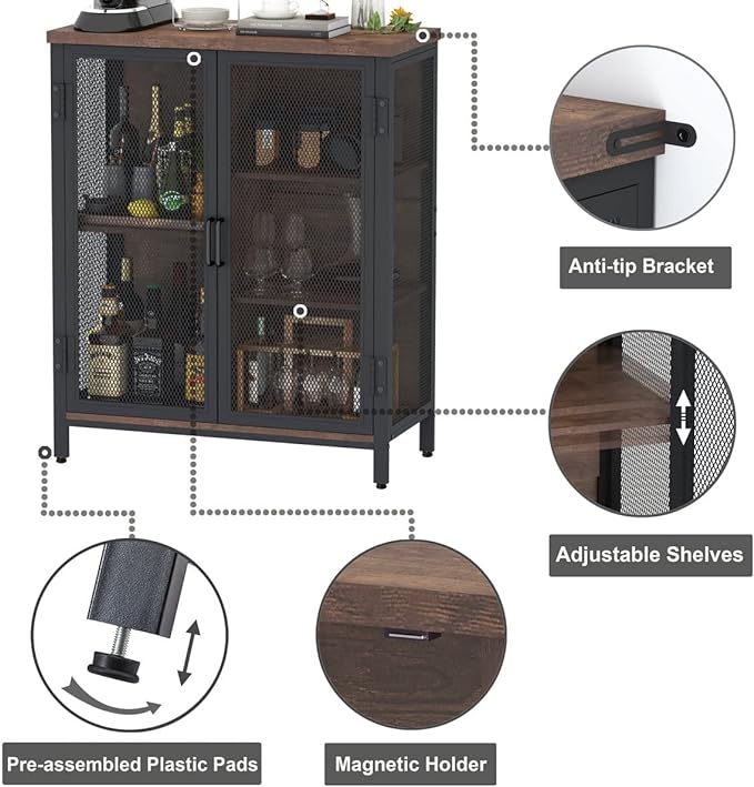 BON AUGURE Coffee Bar Cabinet for Liquor, Small Storage Cabinet for Home Kitchen, Farmhouse Sideboard Buffet Cabinets, Industrial Alcohol Cabinets for Dining Entryway Living Room (Rustic Oak)