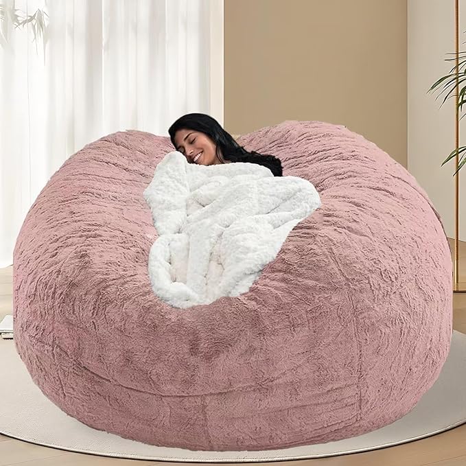 BCU 6FT Bean Bag Chair for Adults and Kids Without Filler Giant Stuffed Animal Storage Cover Soft Faux Fur Floor Chair Cover for Bedroom Living Room, Powder Pink