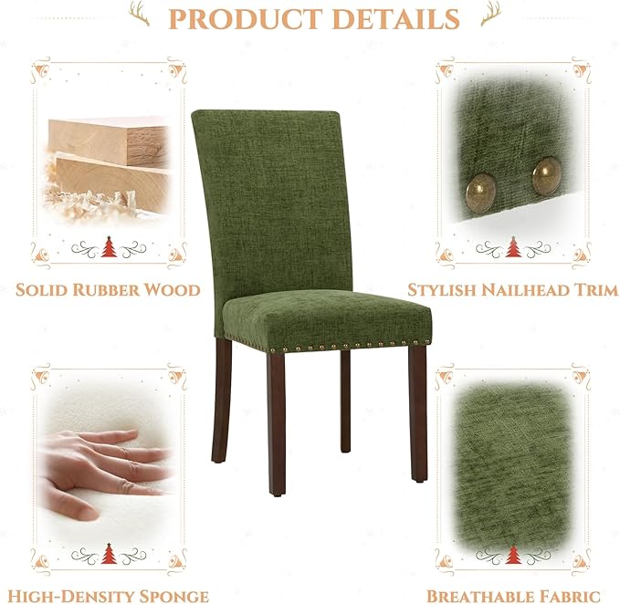 Parsons Dining Chairs Set of 6, Upholstered Nailhead Dining Room Kitchen Side Chair with Thick Cushions and Wood Legs, Green