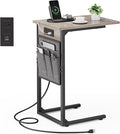 Vagusicc C Shaped End Table with Charging Station, Tall Side Table for Couch, Small Couch Side Table Recliner Tables, Slide Under Sofa Table TV Tray Arm Tables for Living Room, Bedroom, Bedside, Gray