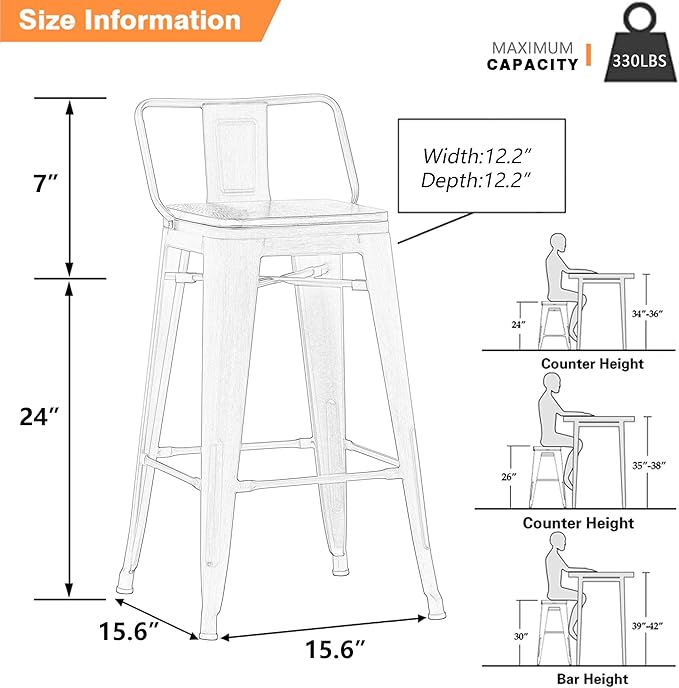 Yongchuang 24" Industrial Metal Barstools Set of 4 Counter Height Bar Stools with Back (24" Seat Height Wood Top Low Back, Distressed Gold)