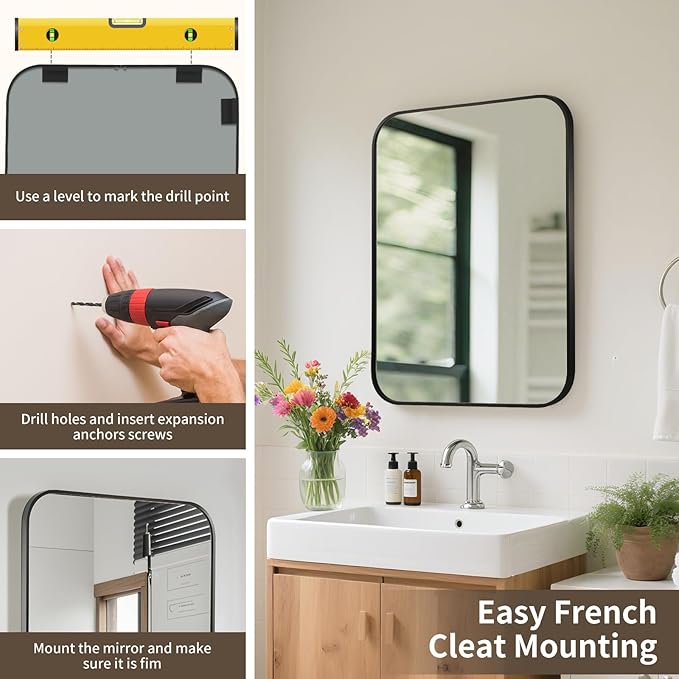 Black Bathroom Mirror, 24x36 Inch Aluminum Frame Rectangle Mirror, Anti-Rust, Tempered Glass, Wall Mirror for Over Sink, Vanity, Bedroom, Entryway, Horizontal/Vertical