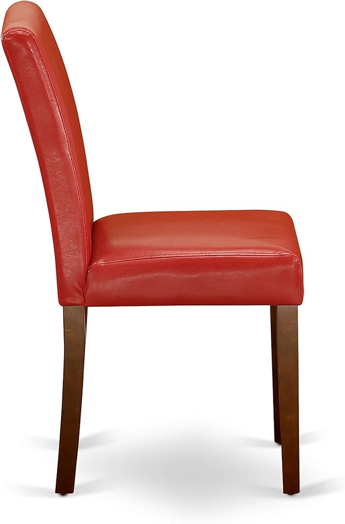 East West Furniture ANAB3-MAH-72 3 Piece Dinette Set for Small Spaces Contains a Round Kitchen Table with Pedestal and 2 Firebrick Red Faux Leather Parsons Chairs, 36x36 Inch, Mahogany