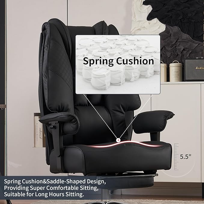 Big and Tall Office Chair 400lbs Wide Seat, Leather High Back Executive Office Chair with Foot Rest, Ergonomic Chairs Lumbar Support for Lower Back Pain Relief (Black)