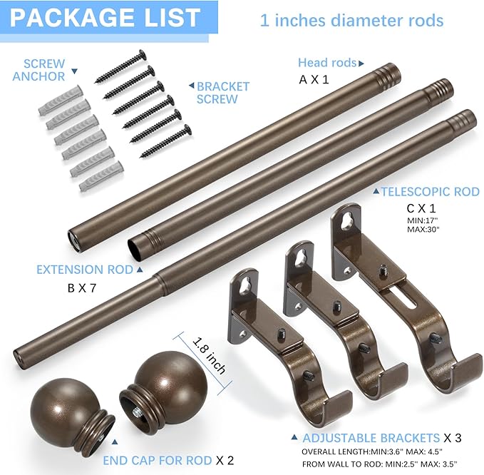 Curtain Rods for Windows 16 to 136 Inches, Curtain Rod Max Adjustable Length of 144 IN, 1" Diameter Drapery Rods Round Finials, Brown, Pack of 1