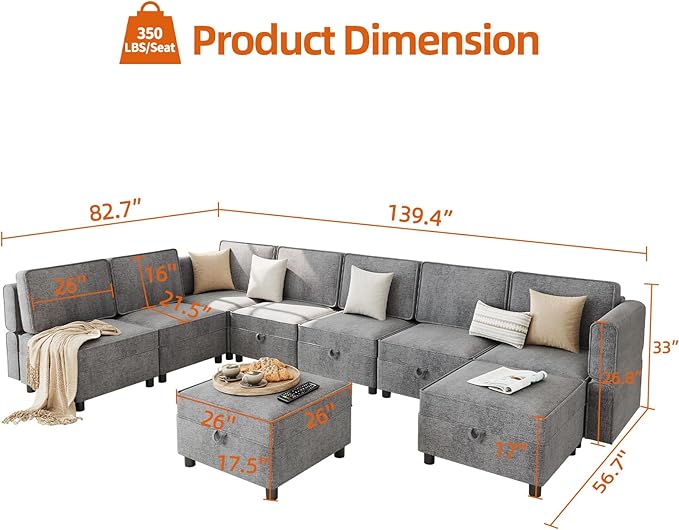 GAOMON 139.4" Chenille Reversible Sectional Sofa, 9-Seater Modular Sectional Sofa, Comfy Sectional Sleeper Sofa Couch with Chaise, U-Shape Modular Couch with Storage Seats & Ottomans, Grey